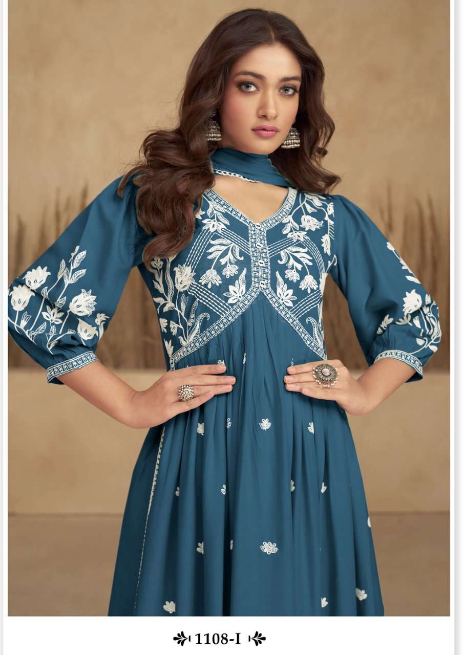 AADHRA VOL 5 SILVER COLOR PURE RAYON LAKHNAWI WORK NAYRA CUT KURTI WITH COTTON PLAZZO AND DUPATTA BY S3FOREVER BRAND 1108 I C